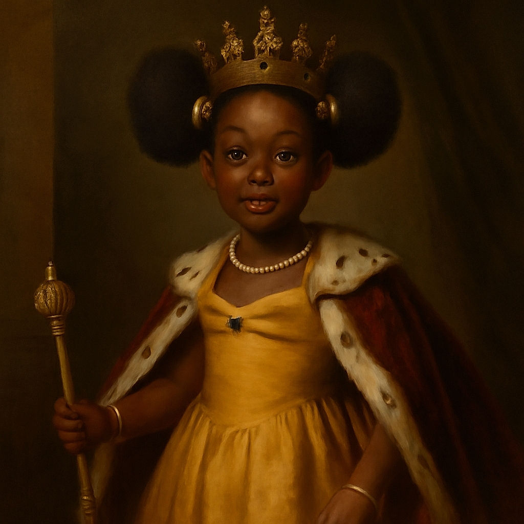 A joyful little girl in a bright yellow dress and matching sandals explores a sunny neighborhood sidewalk, her hair styled with playful blue hair ties, surrounded by lush greenery and a peaceful suburban backdrop.