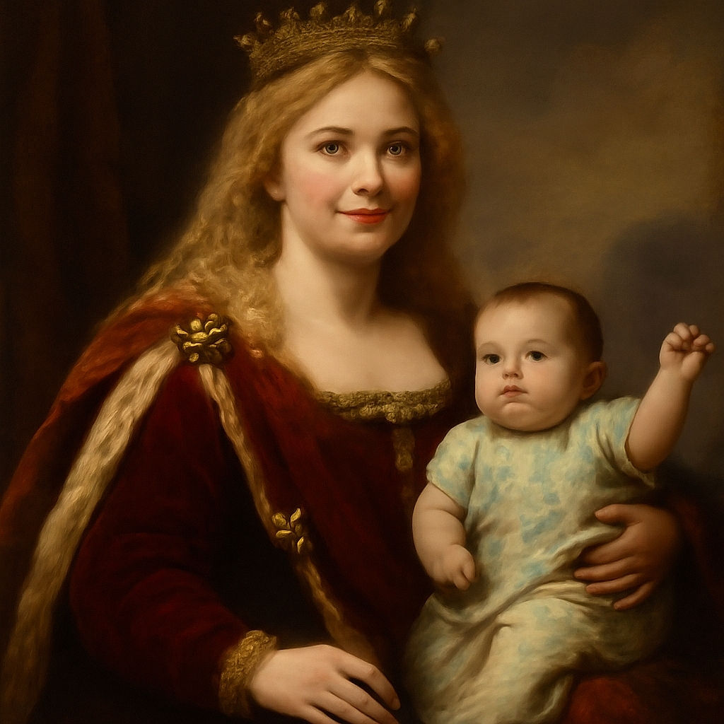 A cozy selfie of a smiling woman with curly blonde hair holding a curious baby dressed in a floral onesie and wrapped in a blanket, both sharing a warm and intimate moment indoors.