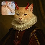 A fluffy orange cat lounges comfortably on cozy blankets, sporting playful glowing red devil horns drawn above its ears, giving it a mischievous yet adorable look.