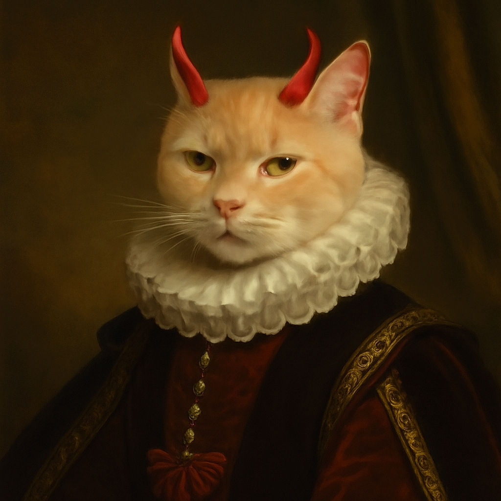 A fluffy orange cat lounges comfortably on cozy blankets, sporting playful glowing red devil horns drawn above its ears, giving it a mischievous yet adorable look.
