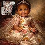 A sweet baby wrapped in a floral outfit and cozy blankets, looking curiously off to the side with a gentle smile, surrounded by soft textures and warm colors.