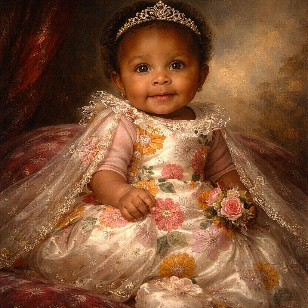 A sweet baby wrapped in a floral outfit and cozy blankets, looking curiously off to the side with a gentle smile, surrounded by soft textures and warm colors.