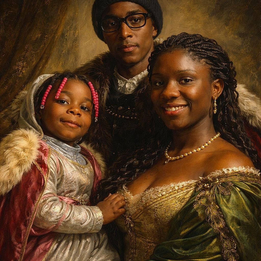 A cozy, slightly grainy selfie of three people — a smiling adult, a little girl with bright pink beads in her braids cuddled to the left, and a bespectacled teen in a beanie peeking from the back. Low indoor light and warm expressions give it a homely, candid charm; looks like everyone squeezed in to fit the frame and their joy overpowers the blur.