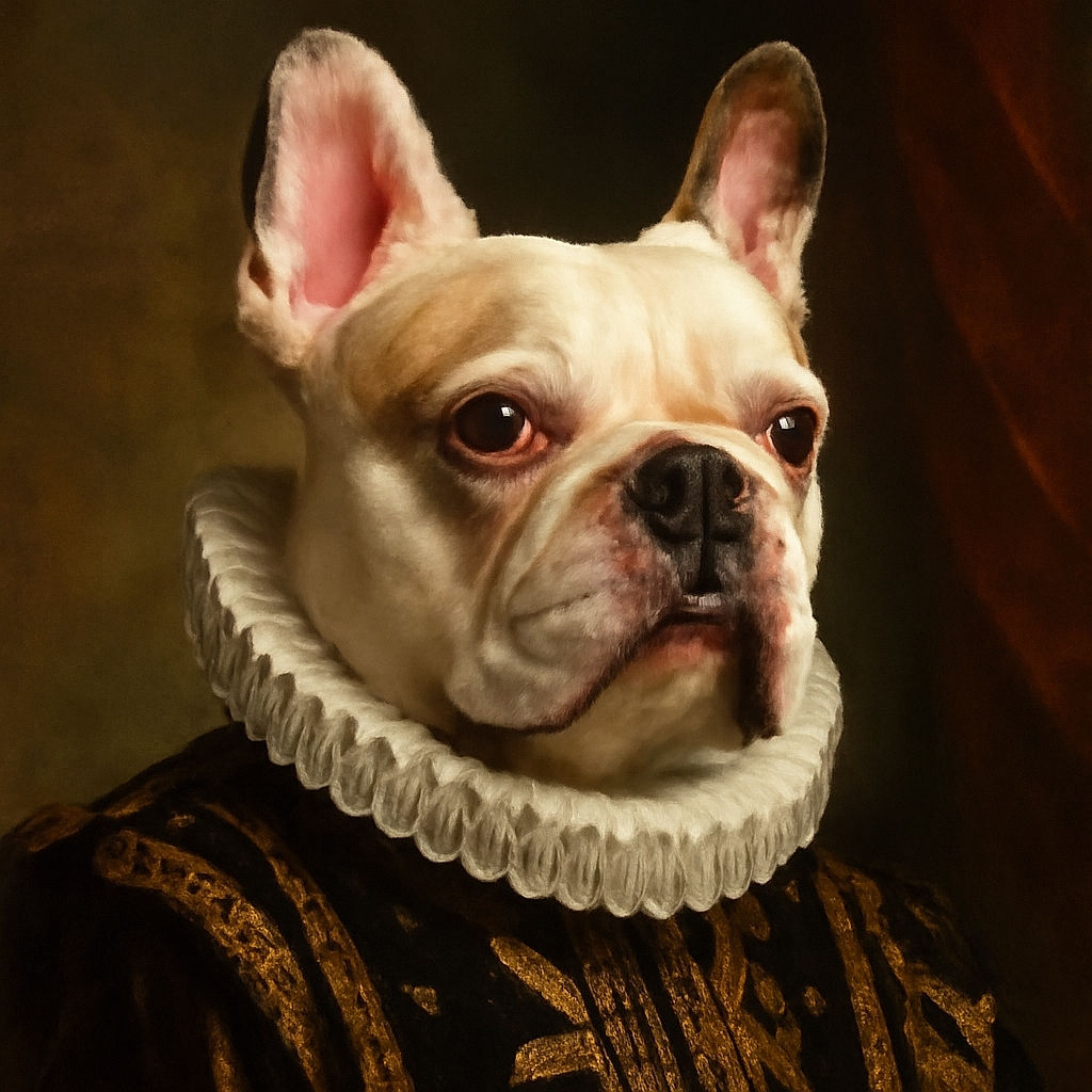 A curious French Bulldog stands indoors on a speckled floor, its large ears perked up and eyes looking intently to the side, with a plain door and wall in the background providing a simple, clean setting.