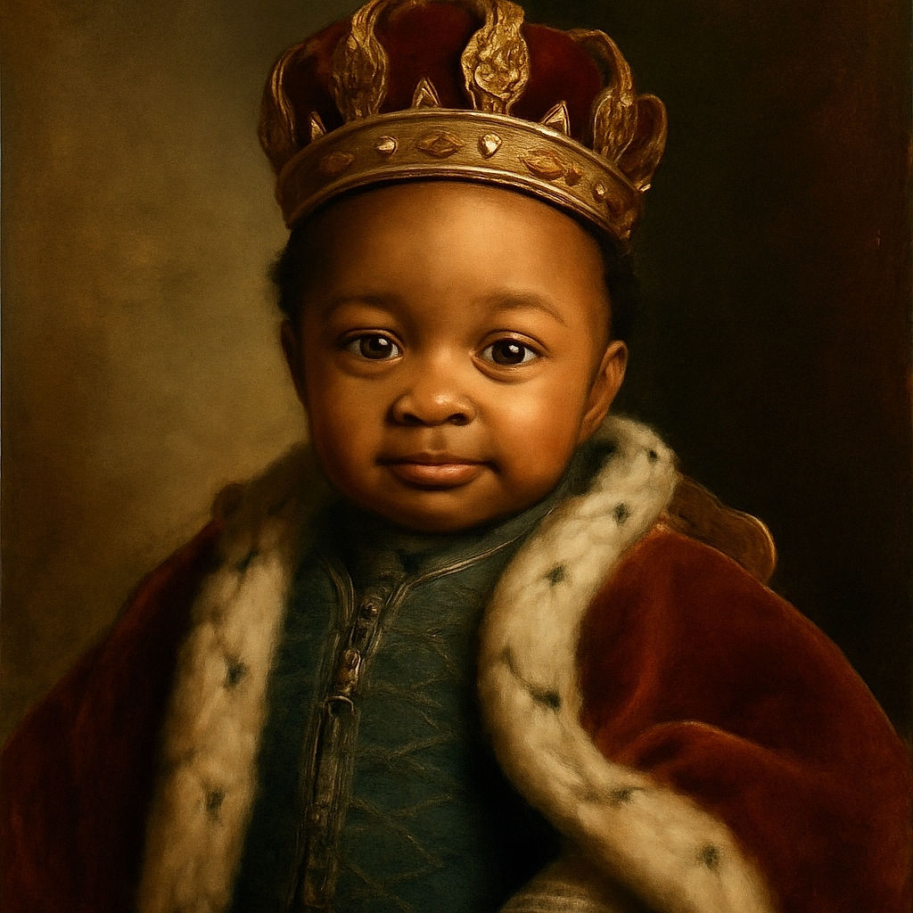 A close-up of an adorable baby bundled in a cozy, fluffy jacket with a soft blue blanket background, showing a calm and curious expression with glistening eyes and a hint of a smile.