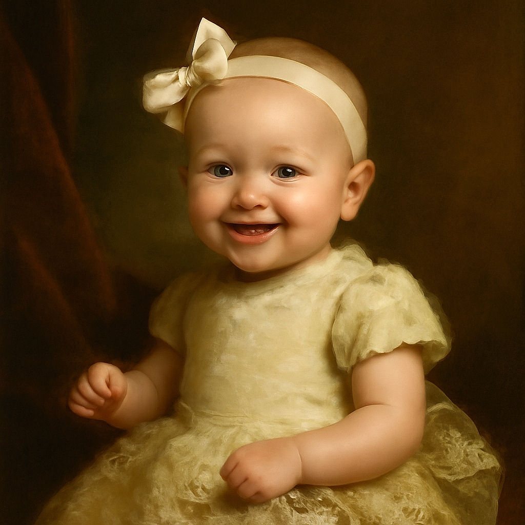 A cheerful baby girl with sparkling blue eyes and a big white bow on her head is sitting on a carpeted floor, smiling widely. She wears a delicate cream lace dress, surrounded by colorful toys and storage bins in the background, creating a cozy and playful atmosphere.