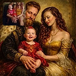 A cozy family moment captured on a couch with a smiling baby in bright red sitting on the father's lap, flanked by parents sharing a warm and loving gaze, surrounded by soft indoor lighting and casual attire.