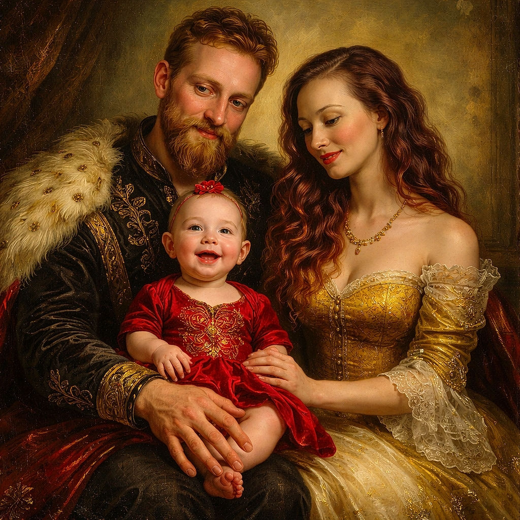 A cozy family moment captured on a couch with a smiling baby in bright red sitting on the father's lap, flanked by parents sharing a warm and loving gaze, surrounded by soft indoor lighting and casual attire.