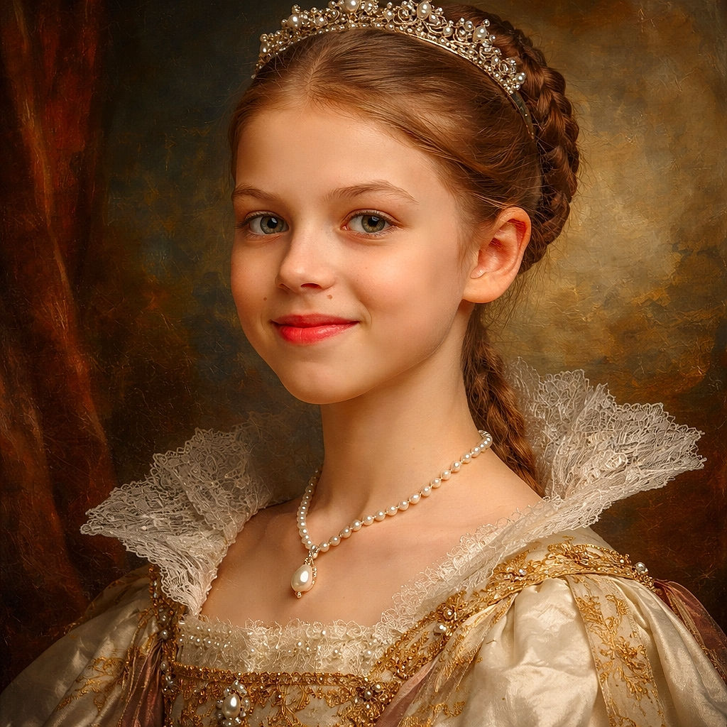 A mischievous young girl offering a 'maybe-I-ate-the-last-cookie' grin — close-up portrait with a soft blurred background and neatly braided hair, looking like a tiny diplomat negotiating dessert.