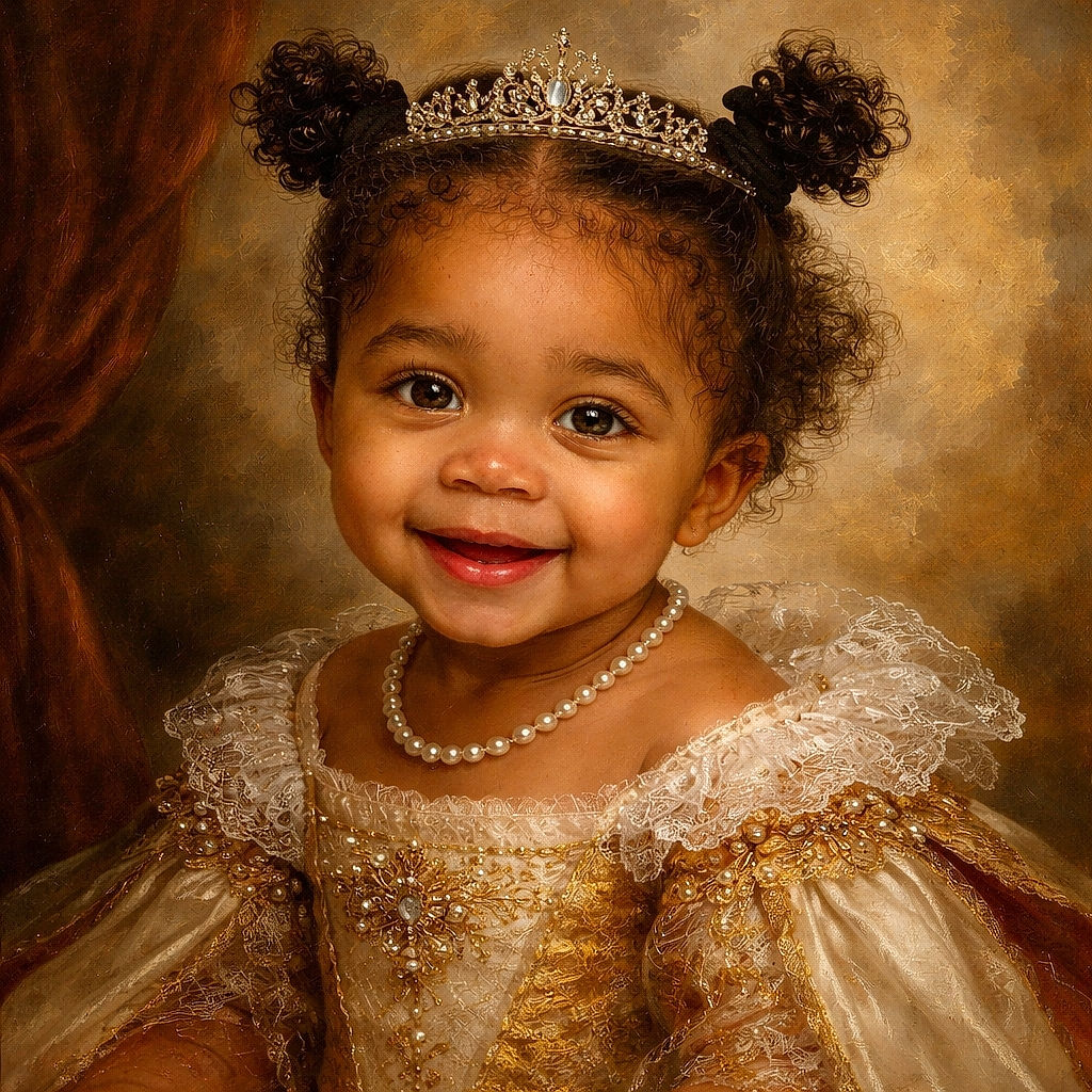 A cheerful toddler with adorable curly pigtails beams a heart-melting smile, eyes sparkling with joy, against a simple white background that keeps all attention on the little bundle of happiness.
