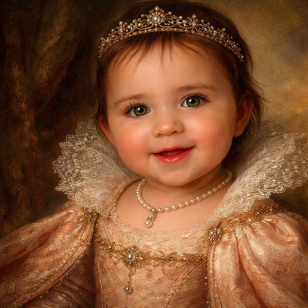 A close-up of an adorable baby with bright eyes and a cheeky smile, wearing a soft peach outfit, looking like the tiniest bundle of joy ready to melt hearts.