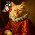 A fluffy white kitten with a small bell collar sits curled up on a colorful patterned fabric, looking curiously into the camera with big blue eyes. The lighting creates a cozy and warm atmosphere, highlighting the softness of the kitten's fur against the dark and textured background.