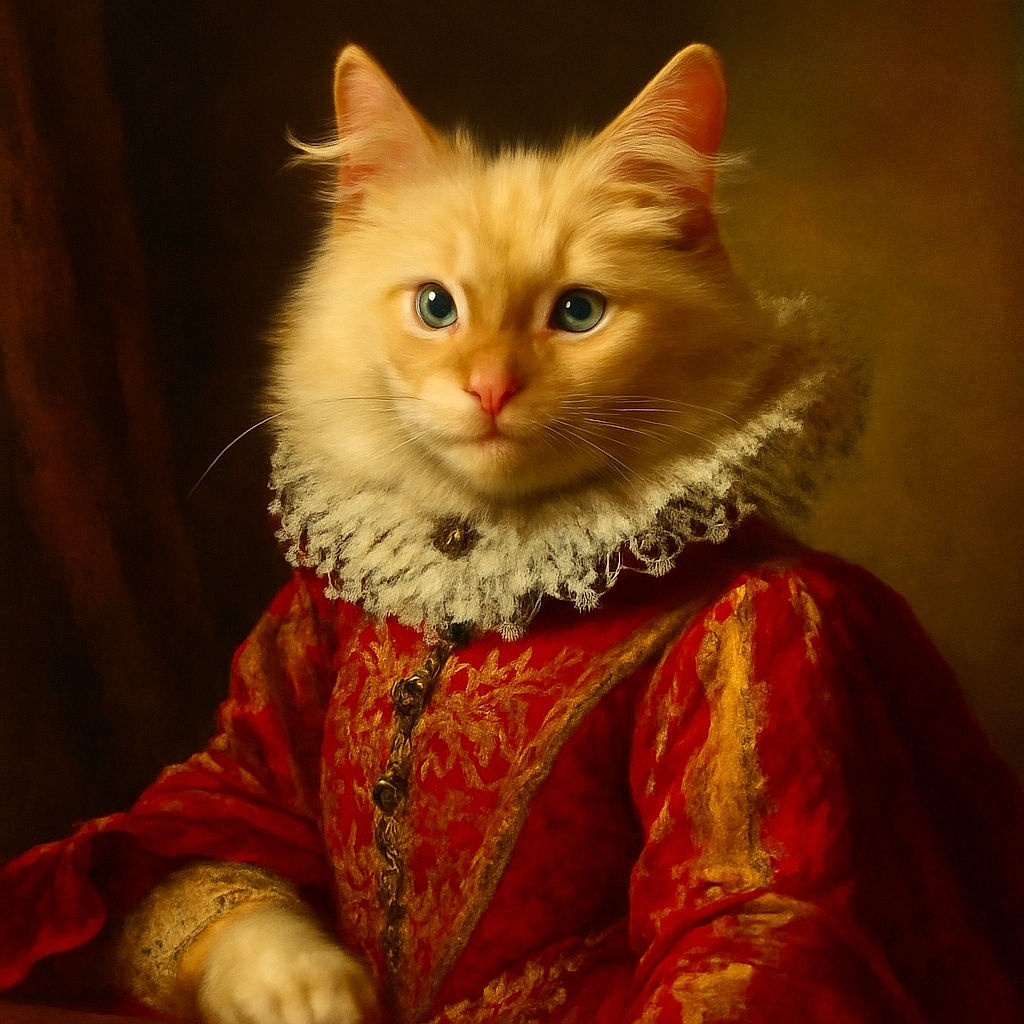 A fluffy white kitten with a small bell collar sits curled up on a colorful patterned fabric, looking curiously into the camera with big blue eyes. The lighting creates a cozy and warm atmosphere, highlighting the softness of the kitten's fur against the dark and textured background.