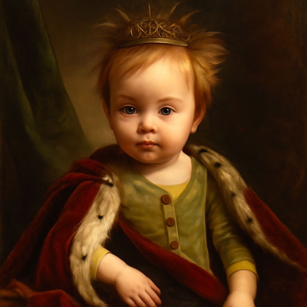 A cute baby with wild, spiky hair sits in a white crib, looking curiously at the camera. Above the baby, soft plush toys from Winnie the Pooh characters hang from a mobile, casting playful shadows on the wall. The baby wears a light green shirt and dark shorts with a boat pattern, surrounded by a cozy nursery setting.
