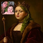 A playful selfie featuring a young adult with green-dyed hair and glasses puckering up next to a happy, shirtless toddler with a cheeky smile and tousled hair, set against a softly blurred indoor background filled with household items.