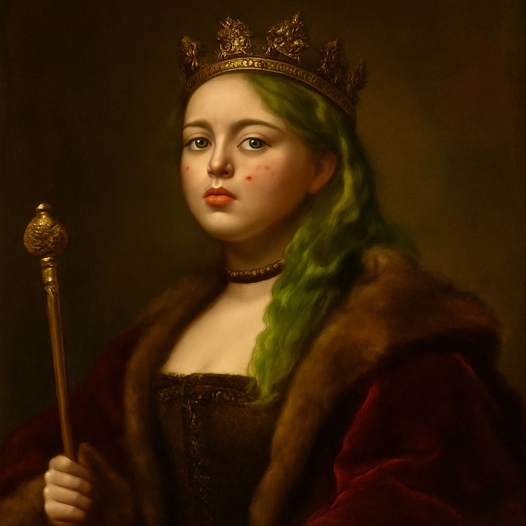 A playful selfie featuring a young adult with green-dyed hair and glasses puckering up next to a happy, shirtless toddler with a cheeky smile and tousled hair, set against a softly blurred indoor background filled with household items.