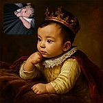 A close-up photo of a curious baby resting on a dark surface, looking intently to the side with tiny fists near the face, showcasing delicate features and soft skin under gentle lighting.