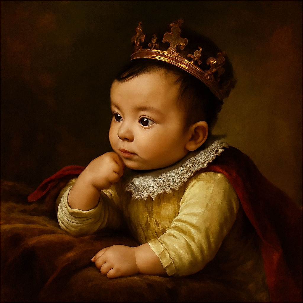 A close-up photo of a curious baby resting on a dark surface, looking intently to the side with tiny fists near the face, showcasing delicate features and soft skin under gentle lighting.