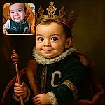 A cheerful toddler with sparkling eyes and a cheeky smile sits in an orange high chair, wearing a green and white jacket labeled 'team captain', ready to lead the snack time squad.
