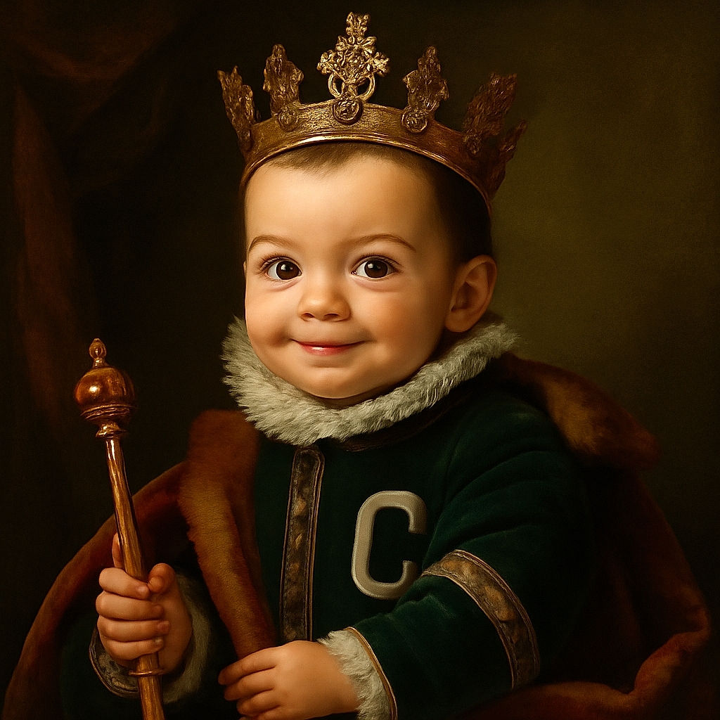 A cheerful toddler with sparkling eyes and a cheeky smile sits in an orange high chair, wearing a green and white jacket labeled 'team captain', ready to lead the snack time squad.