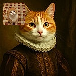 An adorable orange and white cat sits attentively on a vintage checkered tile floor, staring up with big, curious eyes as if waiting for a treat or a secret to be shared.