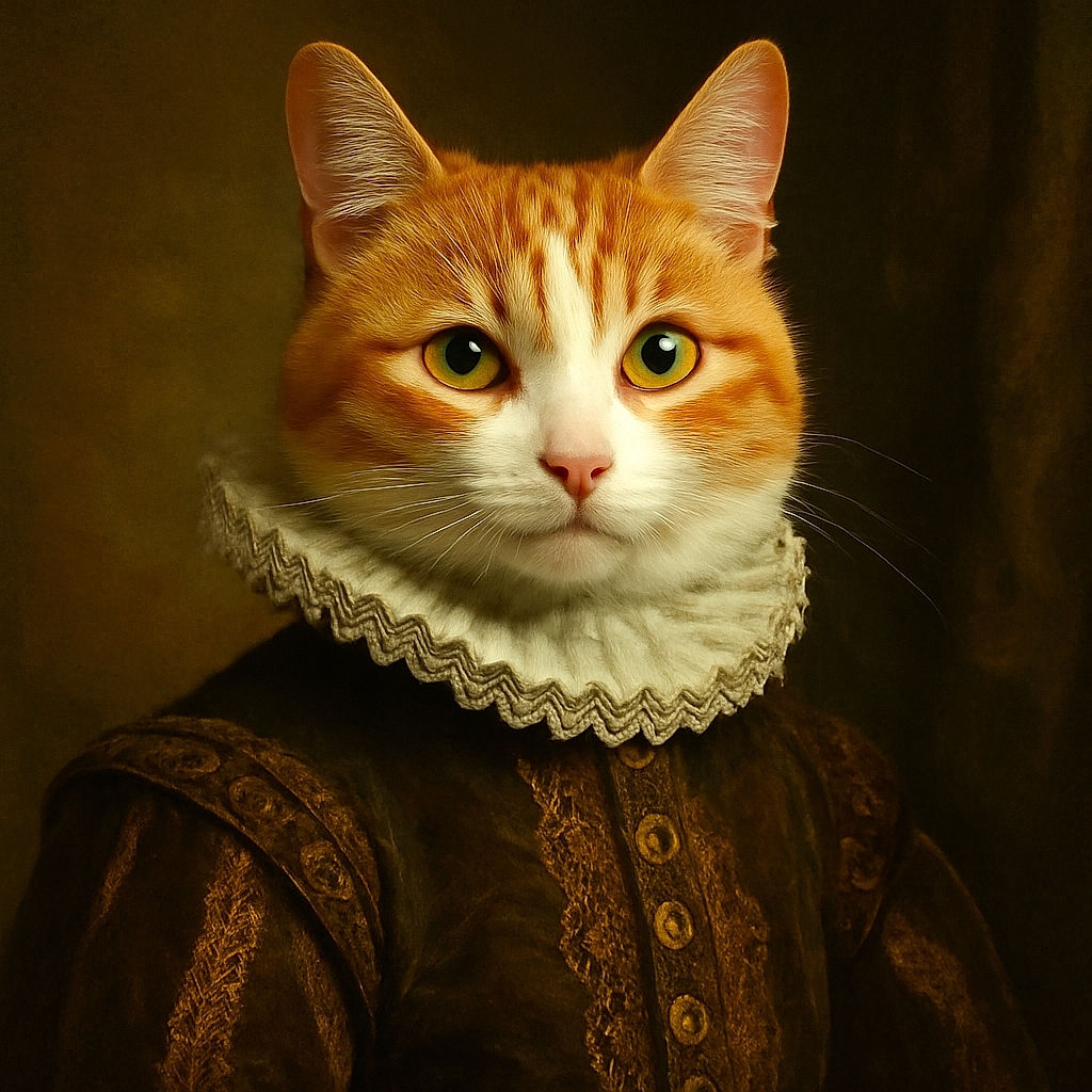An adorable orange and white cat sits attentively on a vintage checkered tile floor, staring up with big, curious eyes as if waiting for a treat or a secret to be shared.