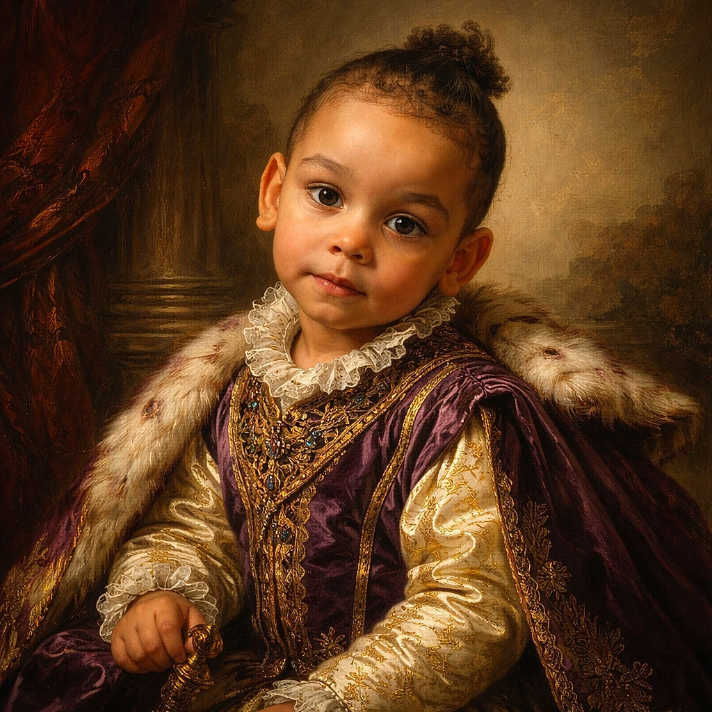 A curious toddler with a small ponytail wearing a vibrant purple 'Number Blocks' shirt sits holding a smartphone, looking up with wide eyes against a textured wall background, while a hand in a red sleeve gently touches their shoulder.