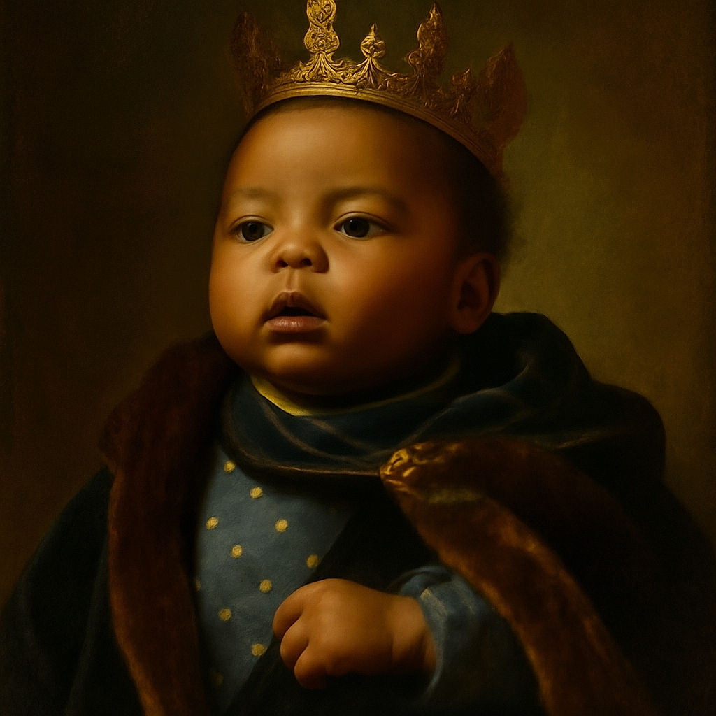 A close-up shot of a curious baby wrapped in a cozy, textured blue blanket, with wide eyes and a slightly open mouth, capturing an innocent and tender moment.