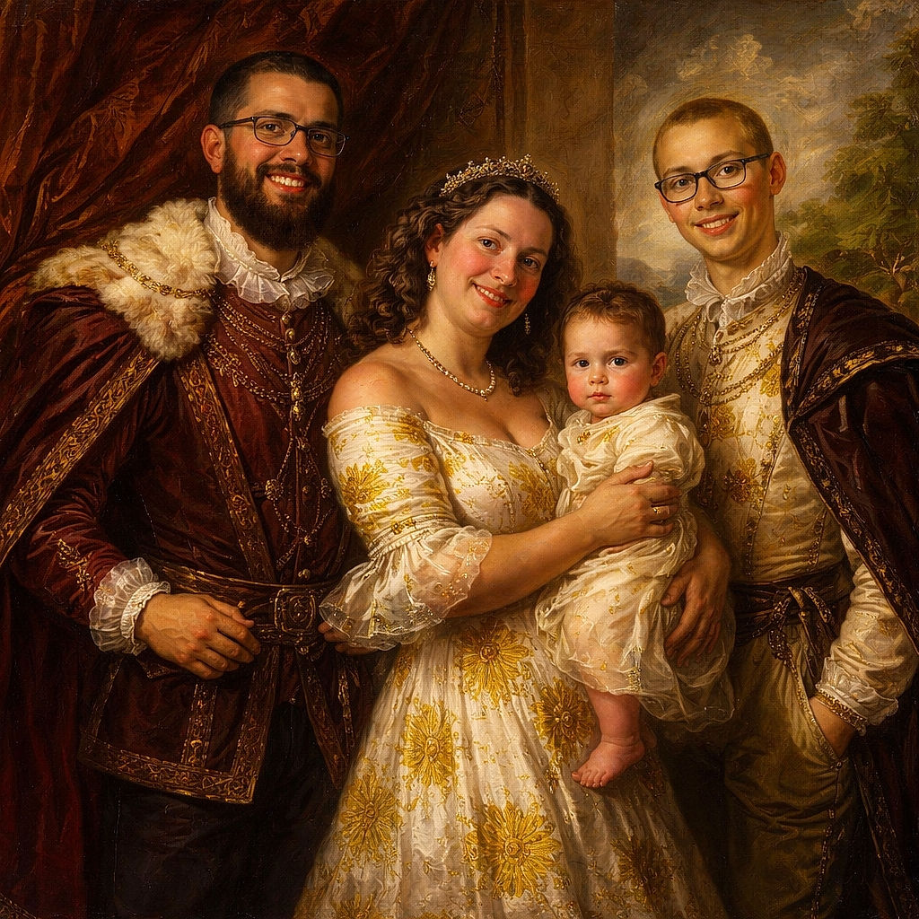 A cheerful family of four stands amidst a vibrant sunflower field, all dressed in matching sunflower-patterned outfits. The bright blue sky and towering sunflowers create a sunny, happy backdrop, while the little child is held lovingly by the mother, completing this warm and lively portrait.