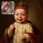 A wide-eyed baby with a joyful smile, dressed in a cozy onesie patterned with colorful mountains and trees, nestled in soft blankets, radiating pure cuteness and innocence.