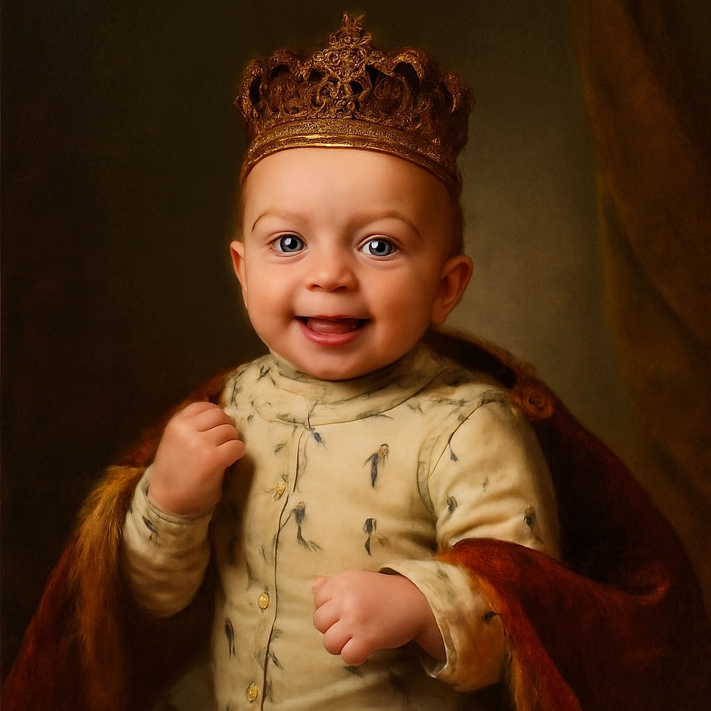 A wide-eyed baby with a joyful smile, dressed in a cozy onesie patterned with colorful mountains and trees, nestled in soft blankets, radiating pure cuteness and innocence.