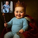 A joyful baby in a cozy blue outfit is sitting on a textured gray blanket between two patterned pillows on a dark leather couch, clutching a black object and flashing a bright, happy smile.
