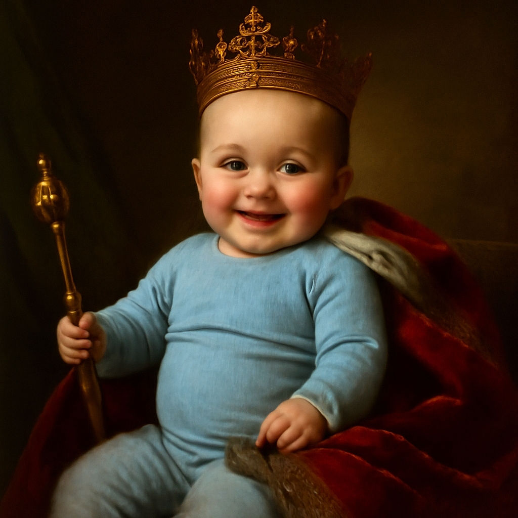 A joyful baby in a cozy blue outfit is sitting on a textured gray blanket between two patterned pillows on a dark leather couch, clutching a black object and flashing a bright, happy smile.