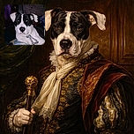 A black and white dog lounges comfortably on a cozy blanket, gazing directly at the camera with an alert expression. The background is dimly lit, adding a mysterious vibe, while the dog's distinctive markings and floppy ears steal the show.