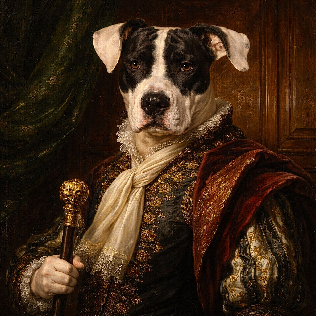 A black and white dog lounges comfortably on a cozy blanket, gazing directly at the camera with an alert expression. The background is dimly lit, adding a mysterious vibe, while the dog's distinctive markings and floppy ears steal the show.