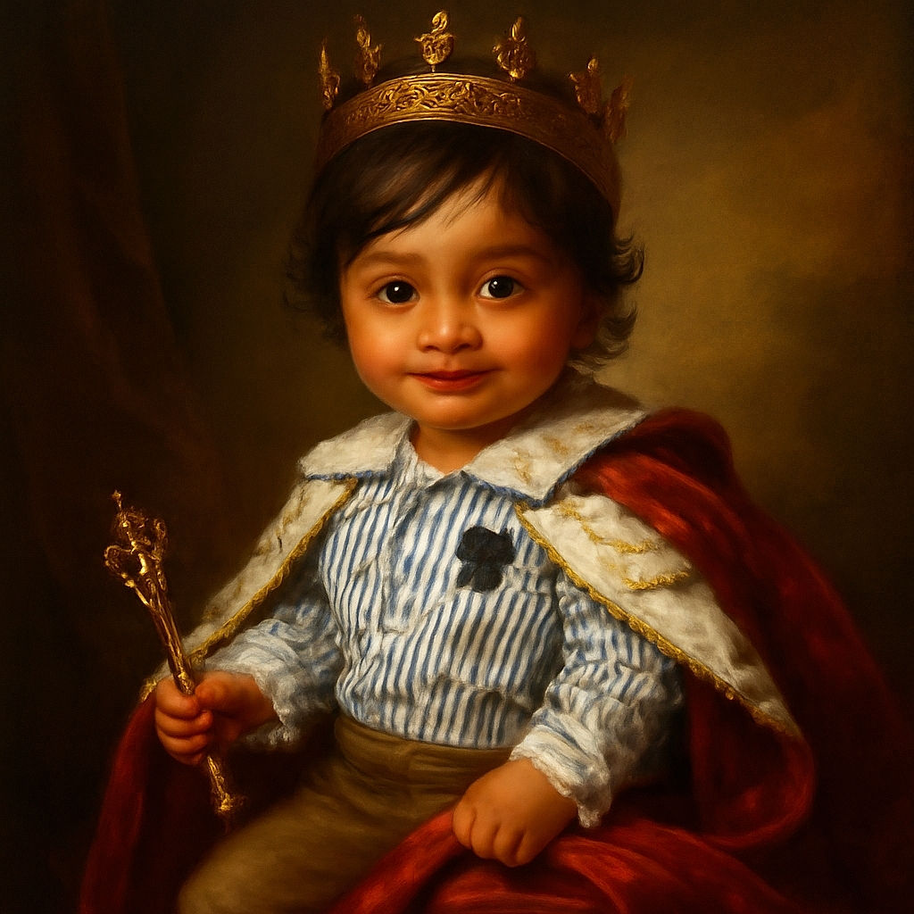 A charming toddler with wet hair and a mischievous smile crawls on a carpeted floor, sporting a striped shirt and brown pants. The cozy indoor setting features a bed with colorful bedding and some wall sockets and devices in the background, capturing a candid moment of childhood curiosity.