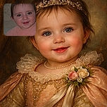 A close-up of an adorable baby with big, bright eyes and a charming smile, wearing a soft peach-colored outfit. The background is muted and blurred, making the baby's face the perfect focus of this heartwarming portrait.