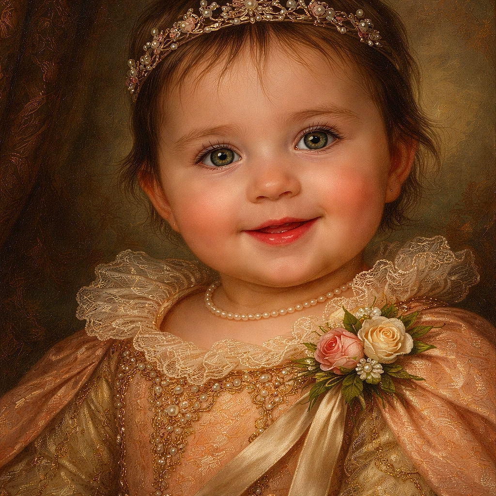 A close-up of an adorable baby with big, bright eyes and a charming smile, wearing a soft peach-colored outfit. The background is muted and blurred, making the baby's face the perfect focus of this heartwarming portrait.
