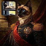 A sleek Siamese cat lounges elegantly on a perch by a window, bathed in natural light that highlights its striking blue eyes and soft fur. The background shows a slightly rainy window with a suction cup, adding a cozy indoor vibe.