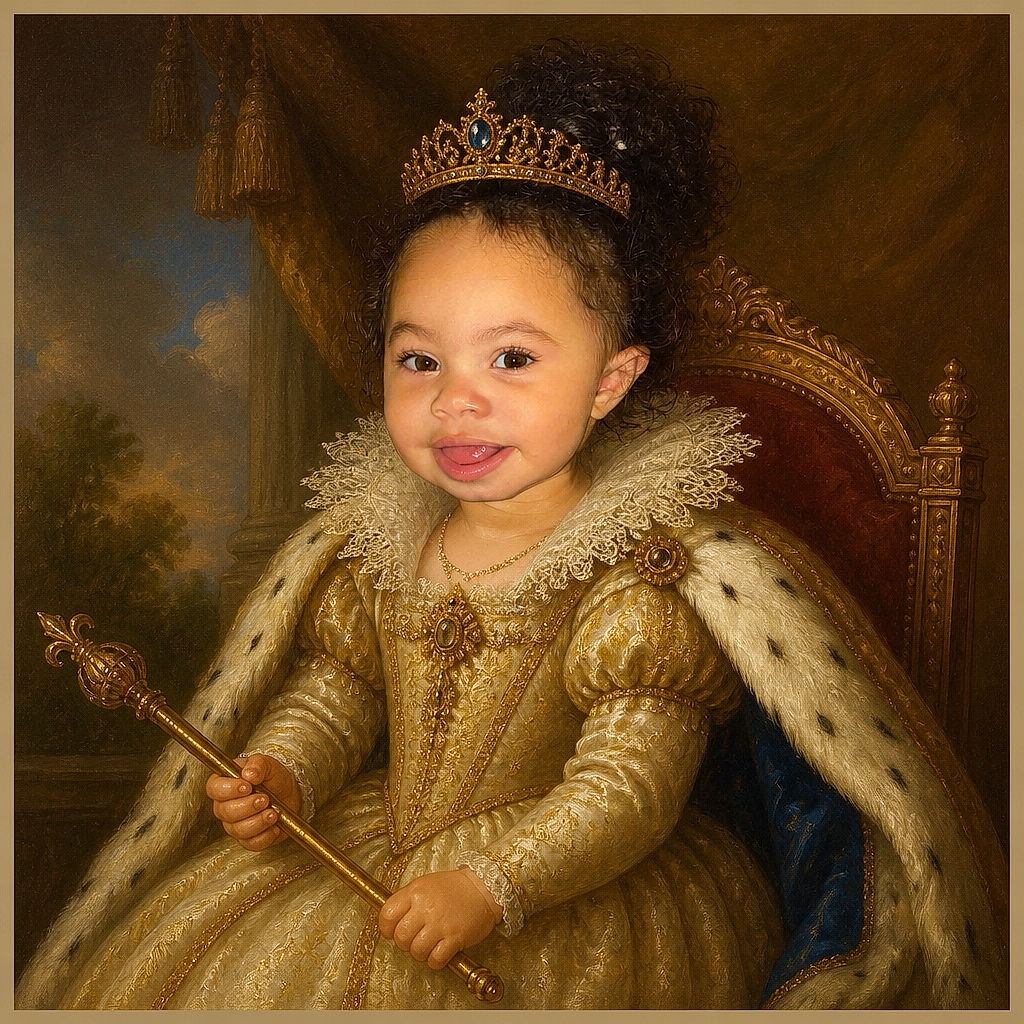 A cheerful little passenger sits snugly in a car seat, flashing a tongue-out grin as if the five-point harness is her personal backstage VIP pass. The portrait is clear and warmly lit, though surrounded by generous black borders.
