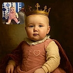 A wide-eyed baby in a pink outfit sits on a cozy gray couch with a blue and white patchwork quilt draped behind, looking curiously at the camera like a tiny detective on a comfy stakeout.