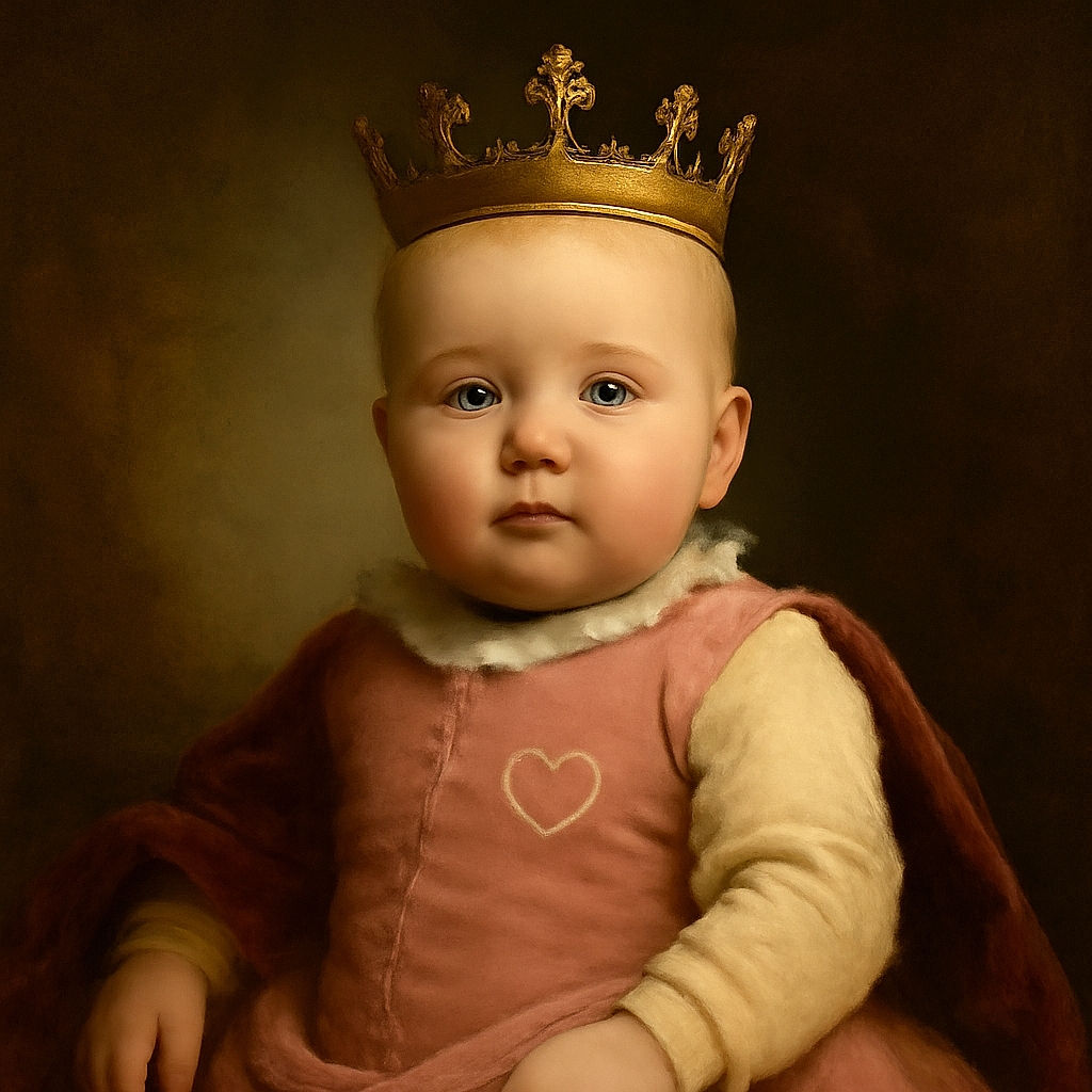 A wide-eyed baby in a pink outfit sits on a cozy gray couch with a blue and white patchwork quilt draped behind, looking curiously at the camera like a tiny detective on a comfy stakeout.