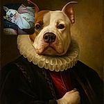 A cozy dog is lying on its back looking relaxed and content, with a tattooed arm visible nearby. The lighting is soft but the image is a bit grainy, giving it a casual, candid feel.