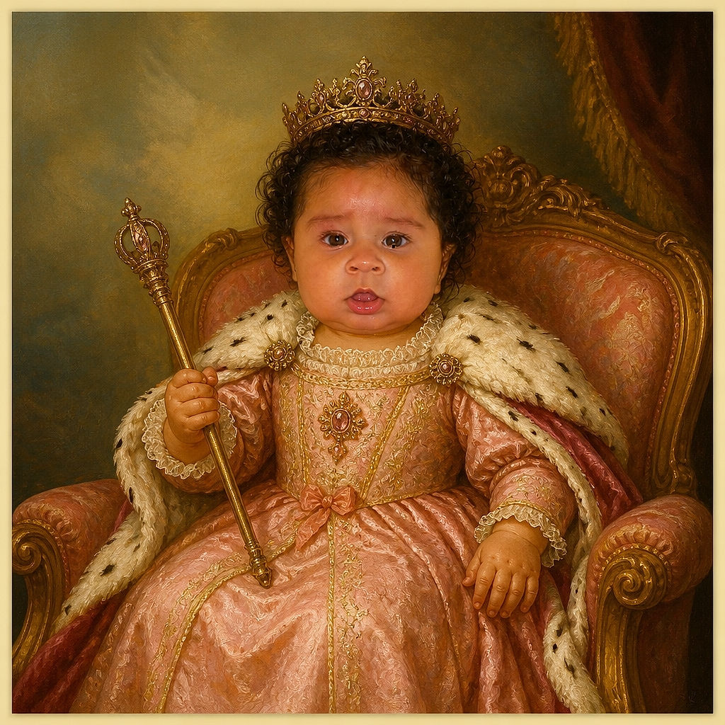 A tiny curly-haired baby lounges like royalty on a mountain of silky pillows, wearing a pink outfit that proudly announces the family’s newest little princess—her surprised expression says the paparazzi arrived early.