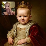 A curious baby, shirtless and leaning forward, is captured in a cozy indoor setting with soft lighting. The baby is partly supported by an adult arm with a tattoo, while framed photos and a bouquet of yellow flowers decorate the background, creating a warm, homey atmosphere.