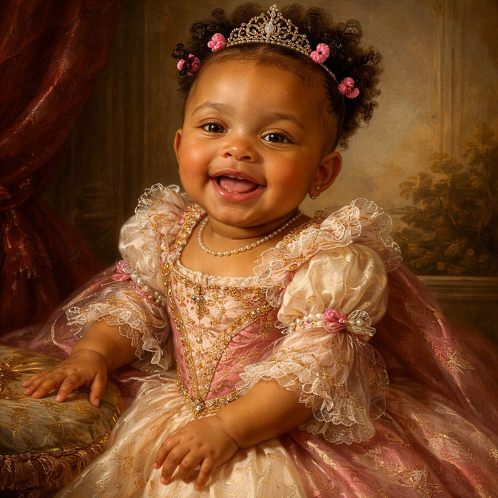 A joyful baby girl with adorable pink hair ties and a Minnie Mouse shirt flashes a wide smile while sitting on a cozy gray couch, reaching out as if to grab the camera or a playful toy.