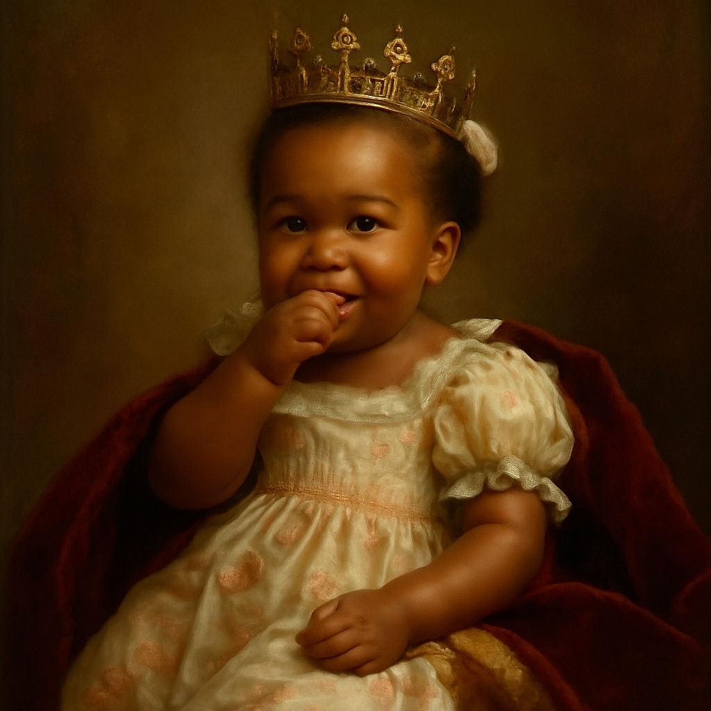 A charming toddler in a colorful floral dress sits on a wooden floor with a playful expression, nibbling on a snack, while sporting a cute bow in her hair and sparkling earrings, next to a black leather couch.