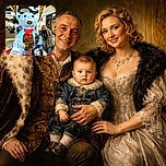A cheerful family poses with a giant festive bunny decoration covered in sparkling lights inside a shopping mall, spreading holiday joy and smiles.