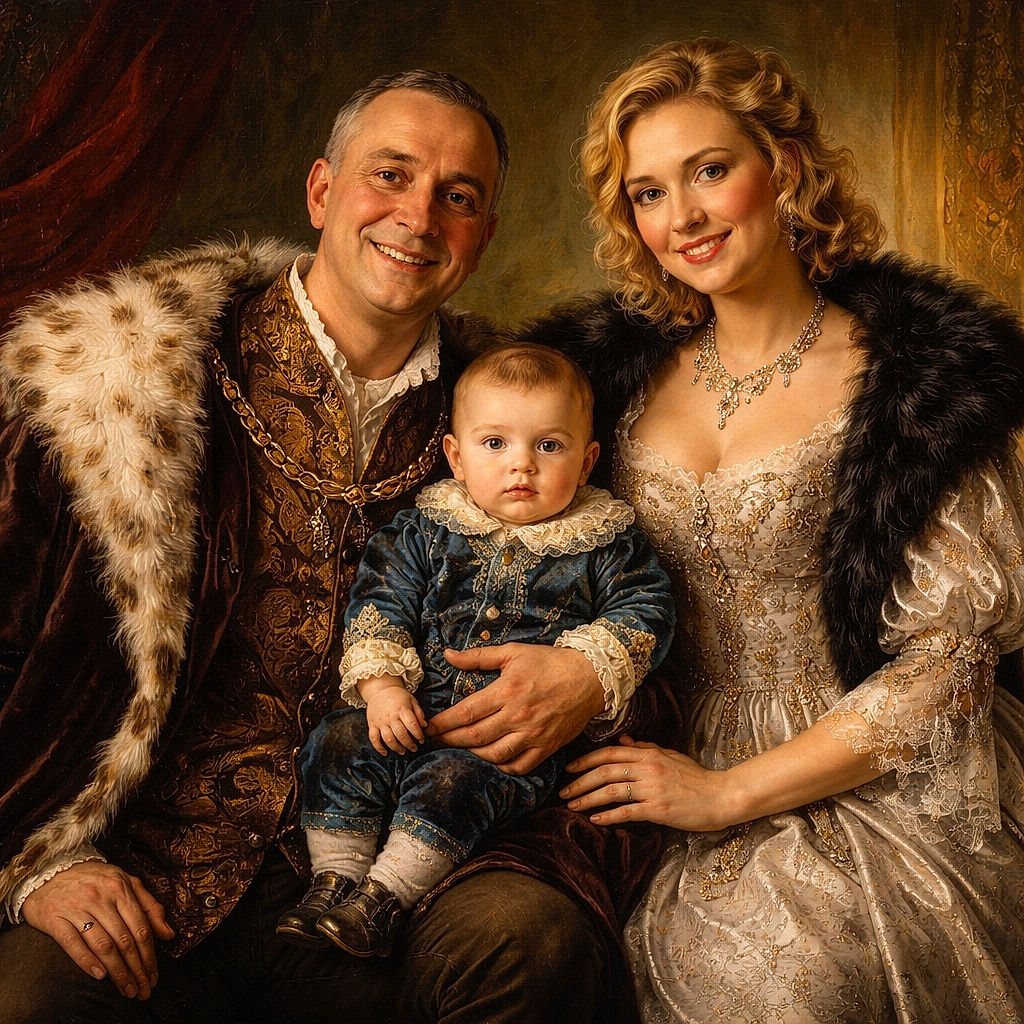 A cheerful family poses with a giant festive bunny decoration covered in sparkling lights inside a shopping mall, spreading holiday joy and smiles.