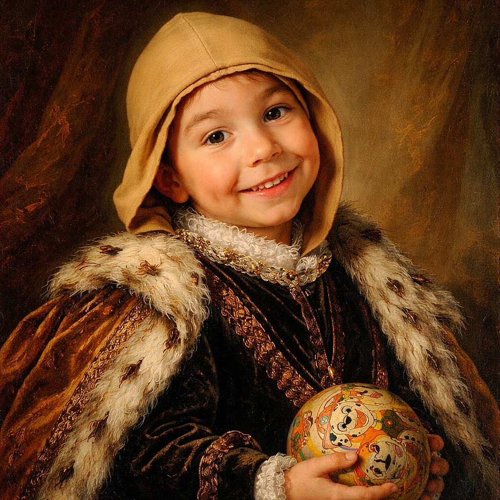 A grinning kid in a tan hoodie clutching a colorful cartoon ball in front of a large potted plant and a sticker-covered fridge — kitchen mischief and pure joy, with a bit of dim, cozy lighting and a dimpled smile stealing the show.